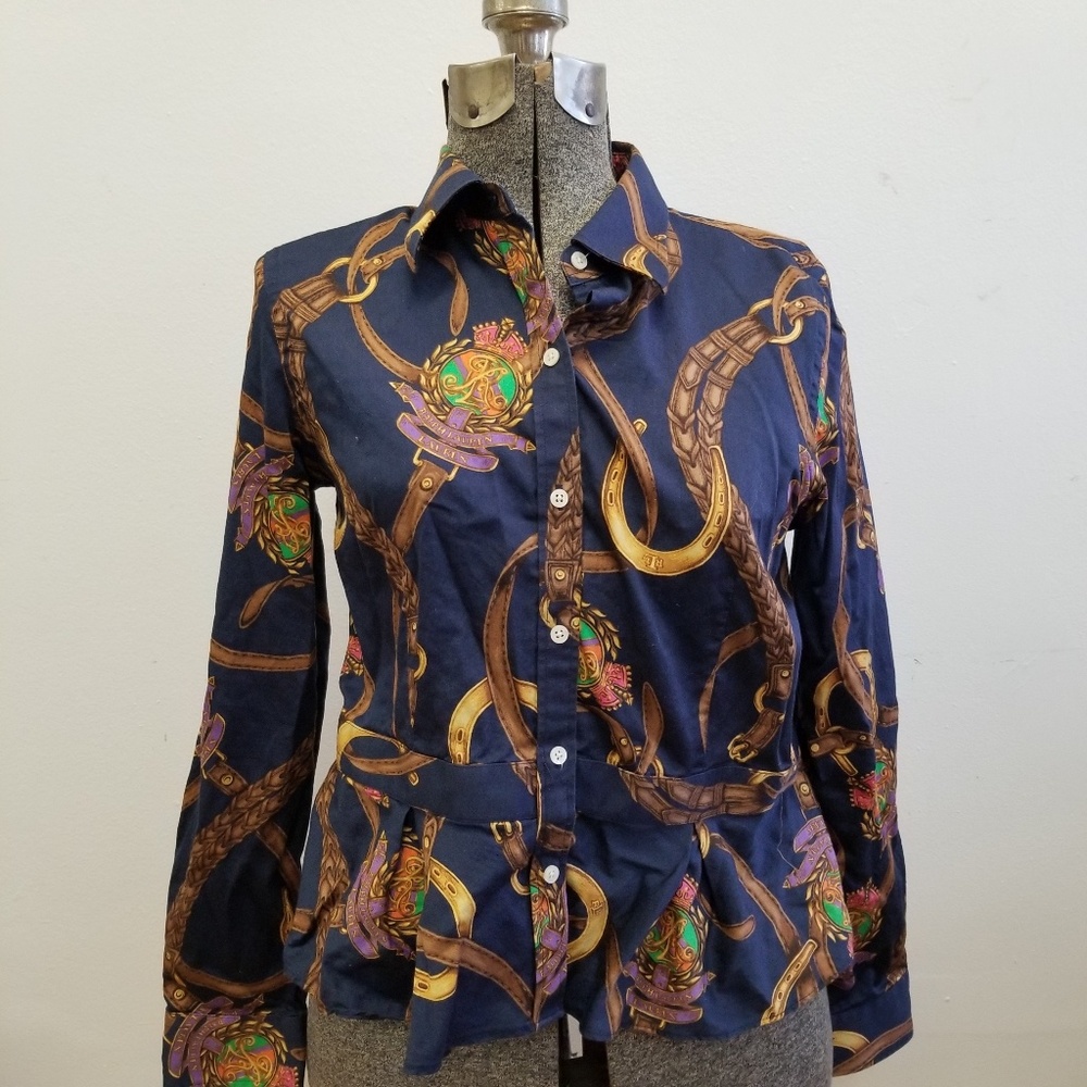 Lauren Ralph Lauren 8P Equestrian Horse Bit Peplum Blouse Navy - Picture 3 of 8
